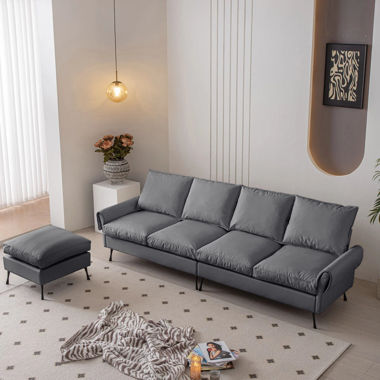 Modern Sectional Technical Leather L-Shaped Sofa Couch With Convertible Ottoman - Furniture Home Direct