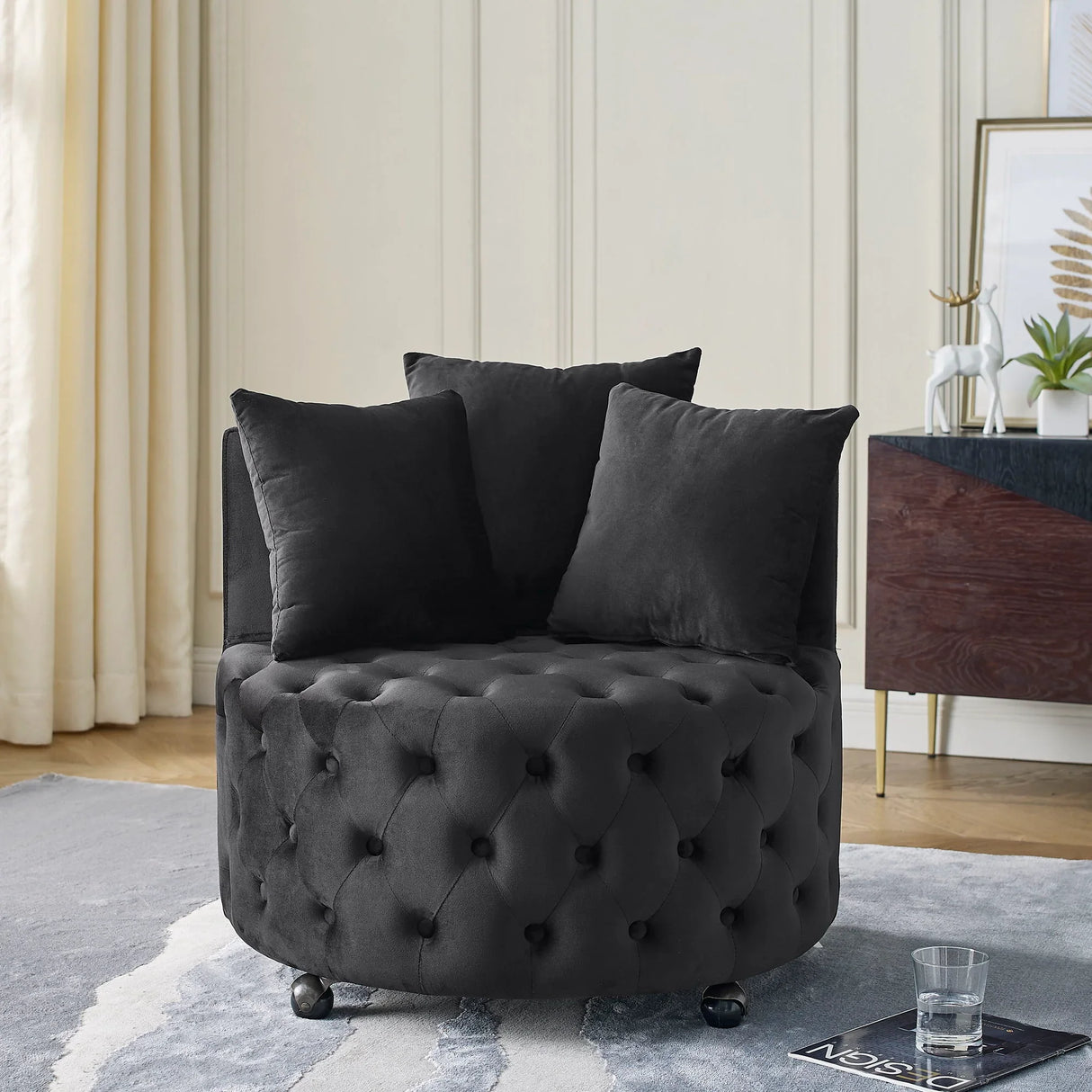 Modern Upholstered Swivel Chair With Button Tufted Design And Movable Wheels - Furniture Home Direct