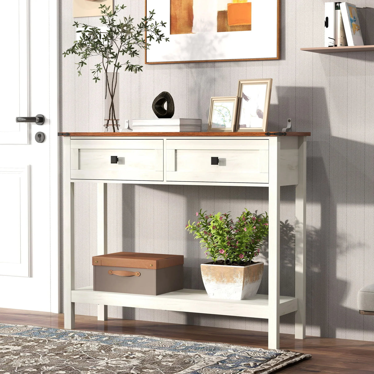 Farmhouse Style Console Table With 2 Drawers And Bottom Storage Shelf - Furniture Home Direct