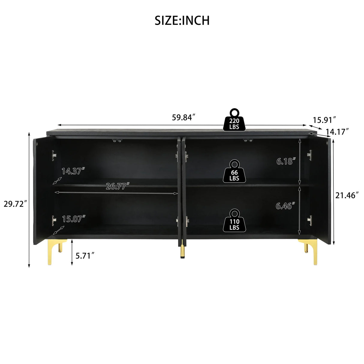 Modern Sideboard Buffet Cabinet With Handleless Press To Open Design With 4 Doors - Furniture Home Direct