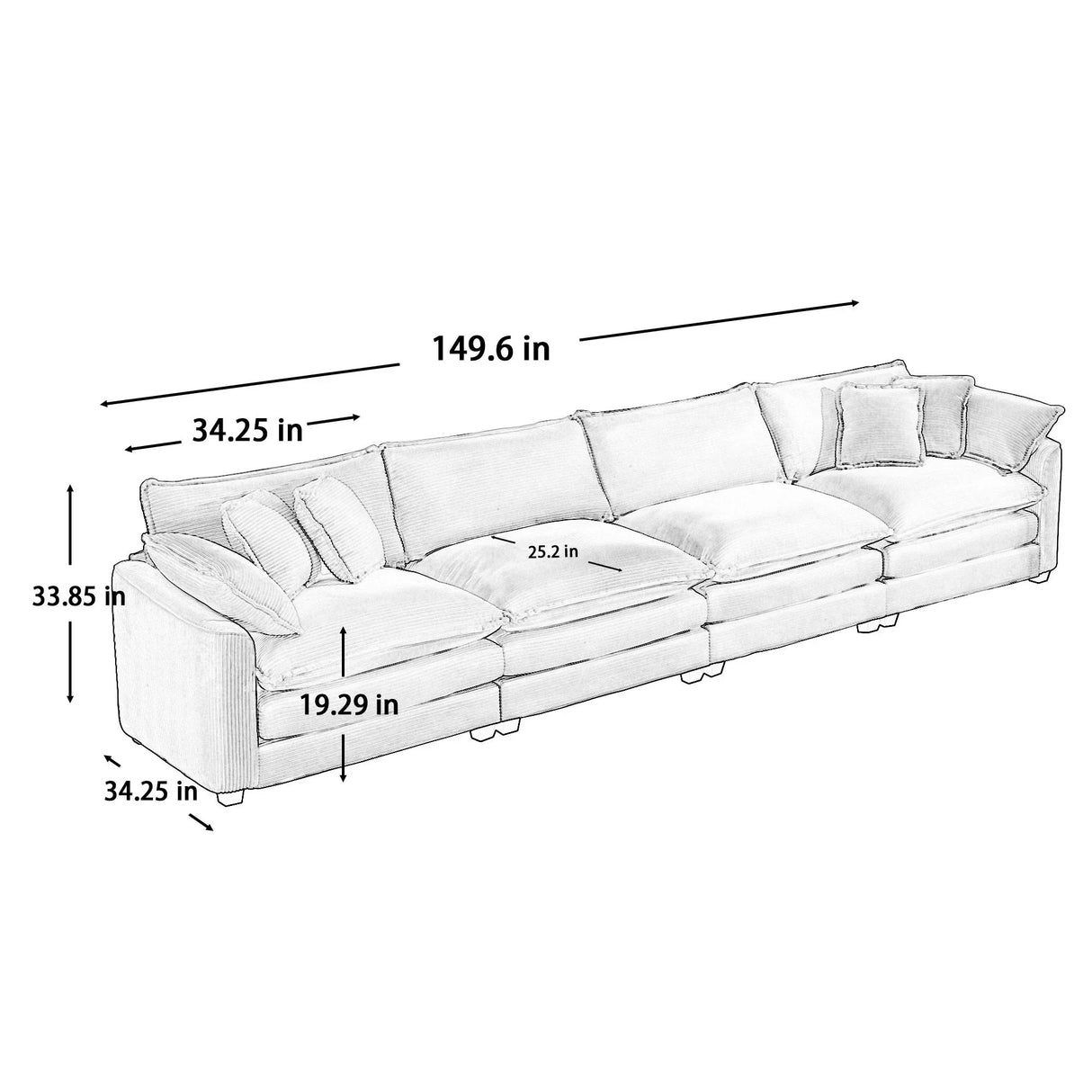 Modern Upholstered 4 Seater Corduroy Fabric Sofa With Arm And Throw Pillows - Furniture Home Direct