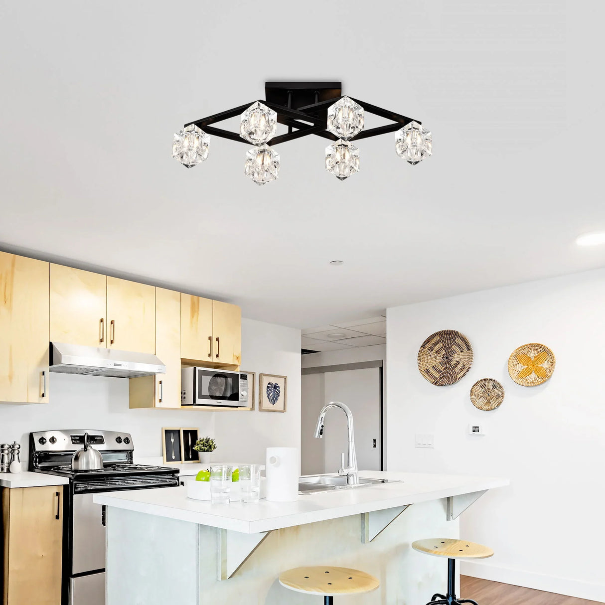 6 Light Crystal Ceiling Light For Dining Room, Modern Ceiling Lamp With Light Fixture For Entryway, Lobby, Kitchen, Bedroom, Living Room, Conference Room, (6*G9 Bulbs Included) - Furniture Home Direct