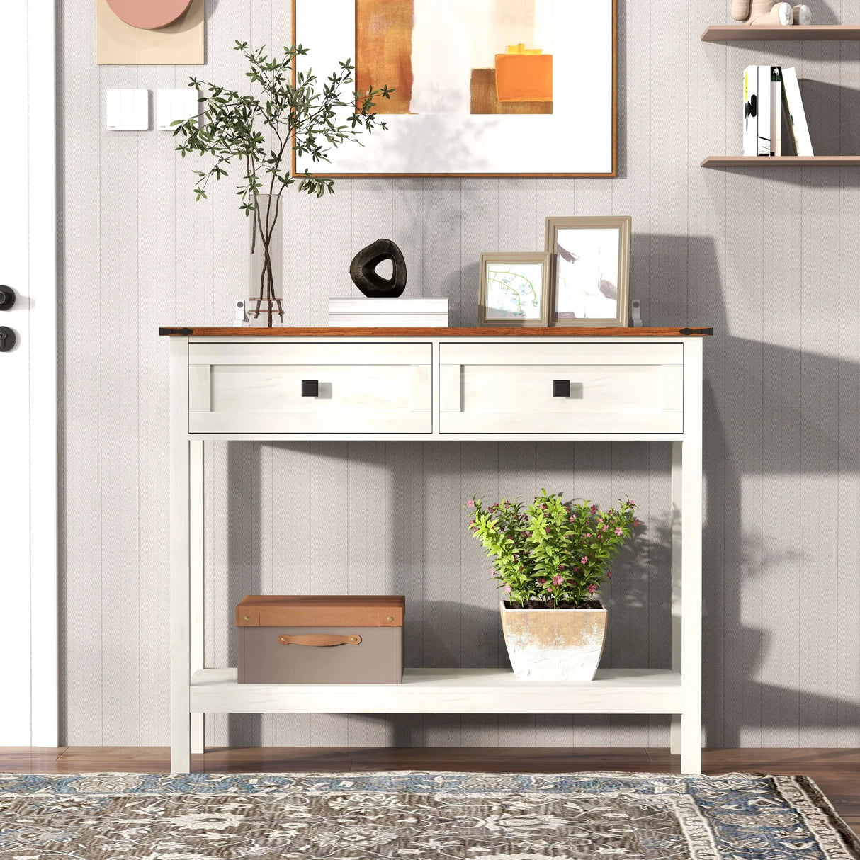 Farmhouse Style Console Table With 2 Drawers And Bottom Storage Shelf - Furniture Home Direct