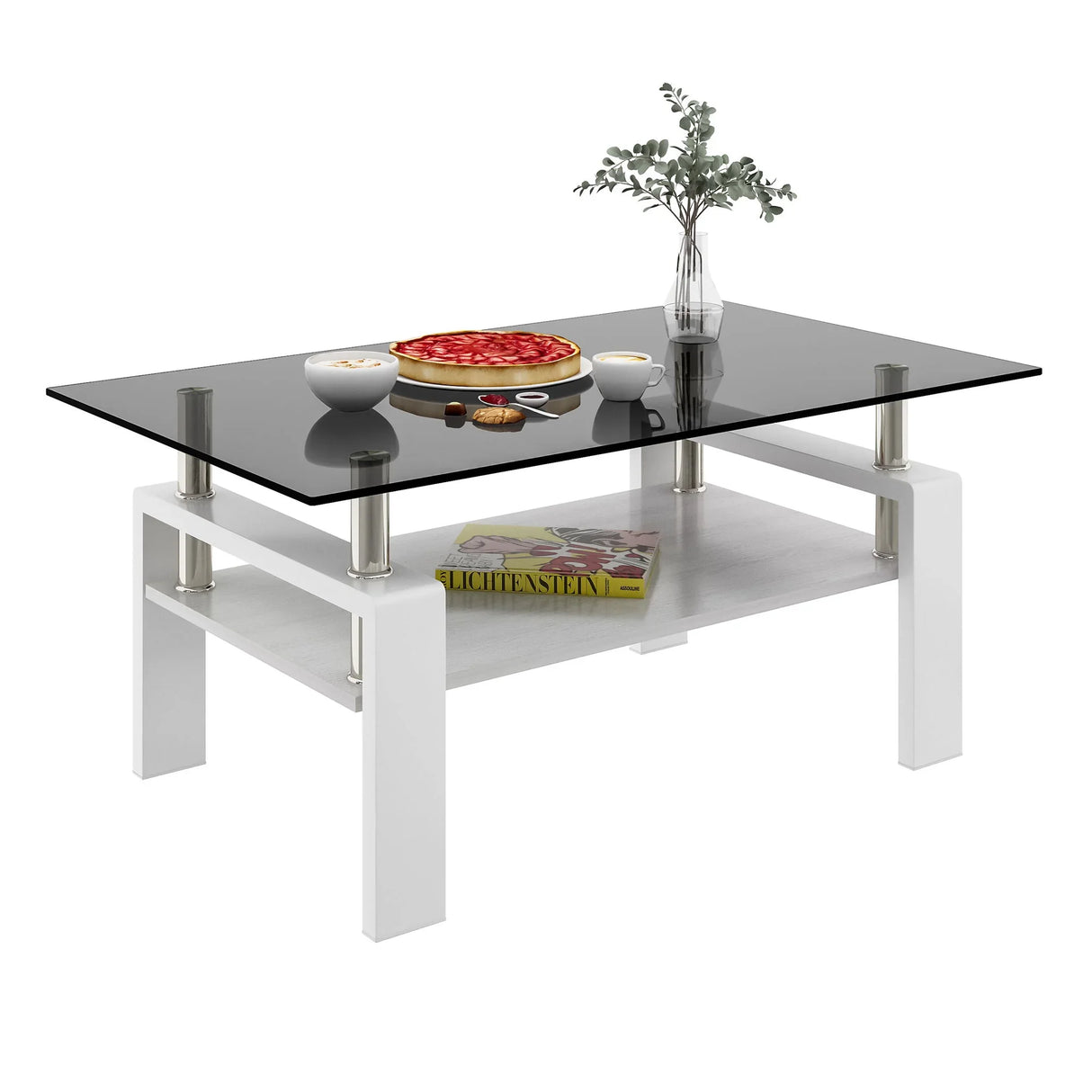Modern Rectangular Coffee Table With Tempered Transparent Glass Top And Storage Shelf - Furniture Home Direct