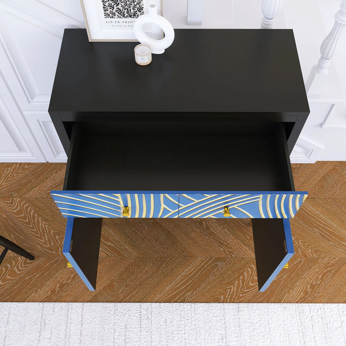 Accent Cabinet With Blue Panels Lacquered Black and Blue - Furniture Home Direct