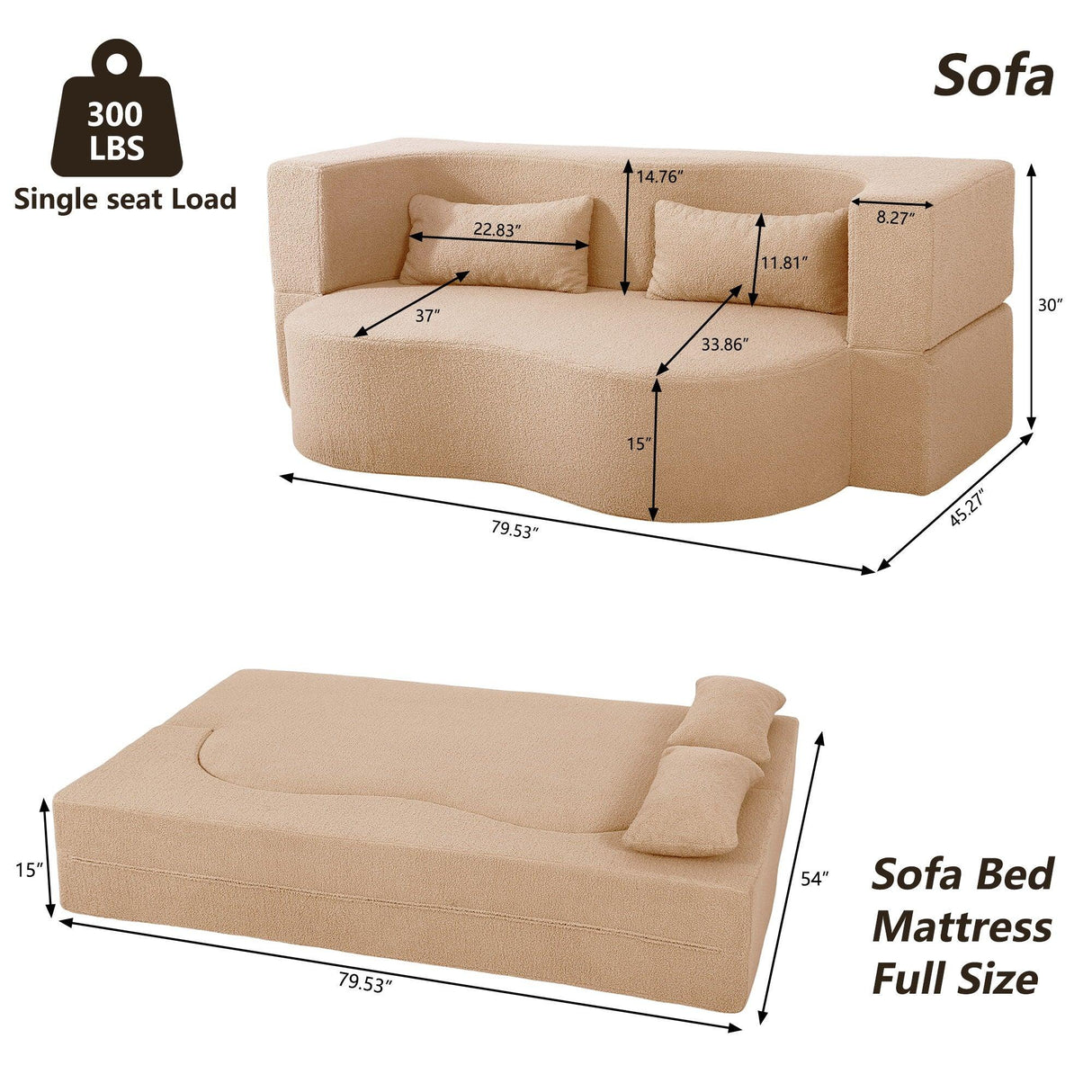 2 In 1 Convertible Full Size Folding Loveseat Couch With Soft Teddy Fabric - Furniture Home Direct
