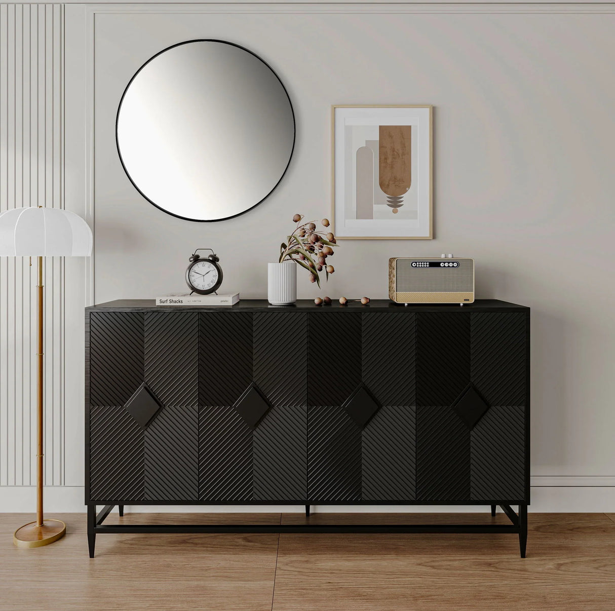 Accent Lacquered 4 Door Wooden Cabinet Sideboard Buffet Server Cabinet Storage Cabinet, For Living Room, Entryway, Hallway, Office, Kitchen And Dining Room - Matte Black - Furniture Home Direct