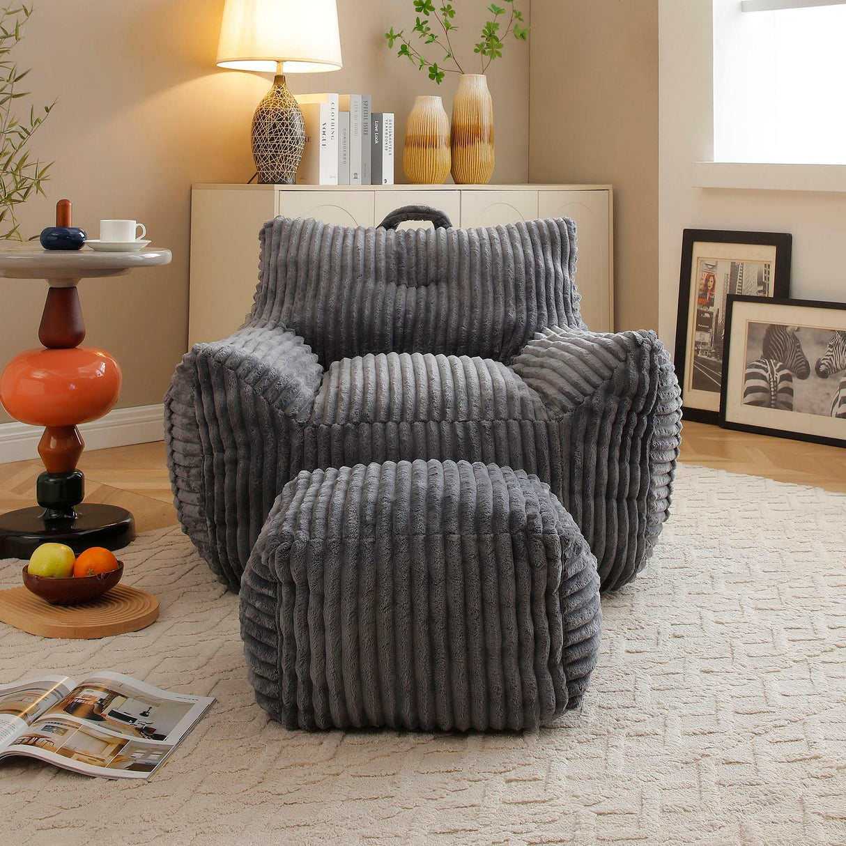 Giant Plush Bean Bag Chair With Armrests And Footstool - Furniture Home Direct