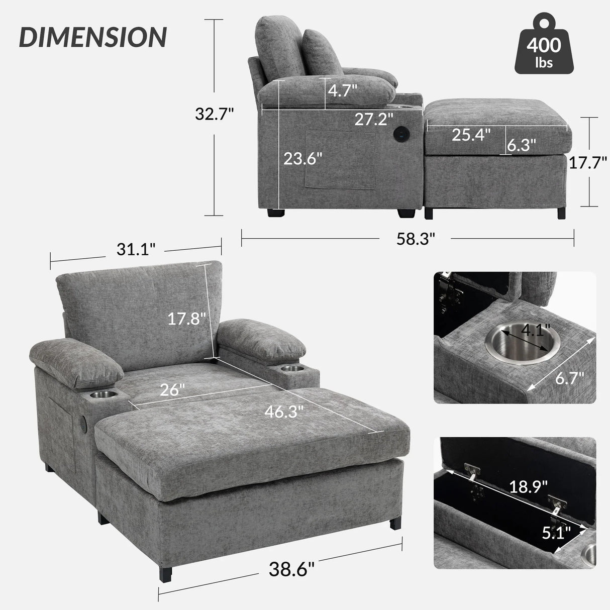 Chenille Fabric Sofa Bed With Cupholders And USB Charging Ports Chair For Living Room - Furniture Home Direct