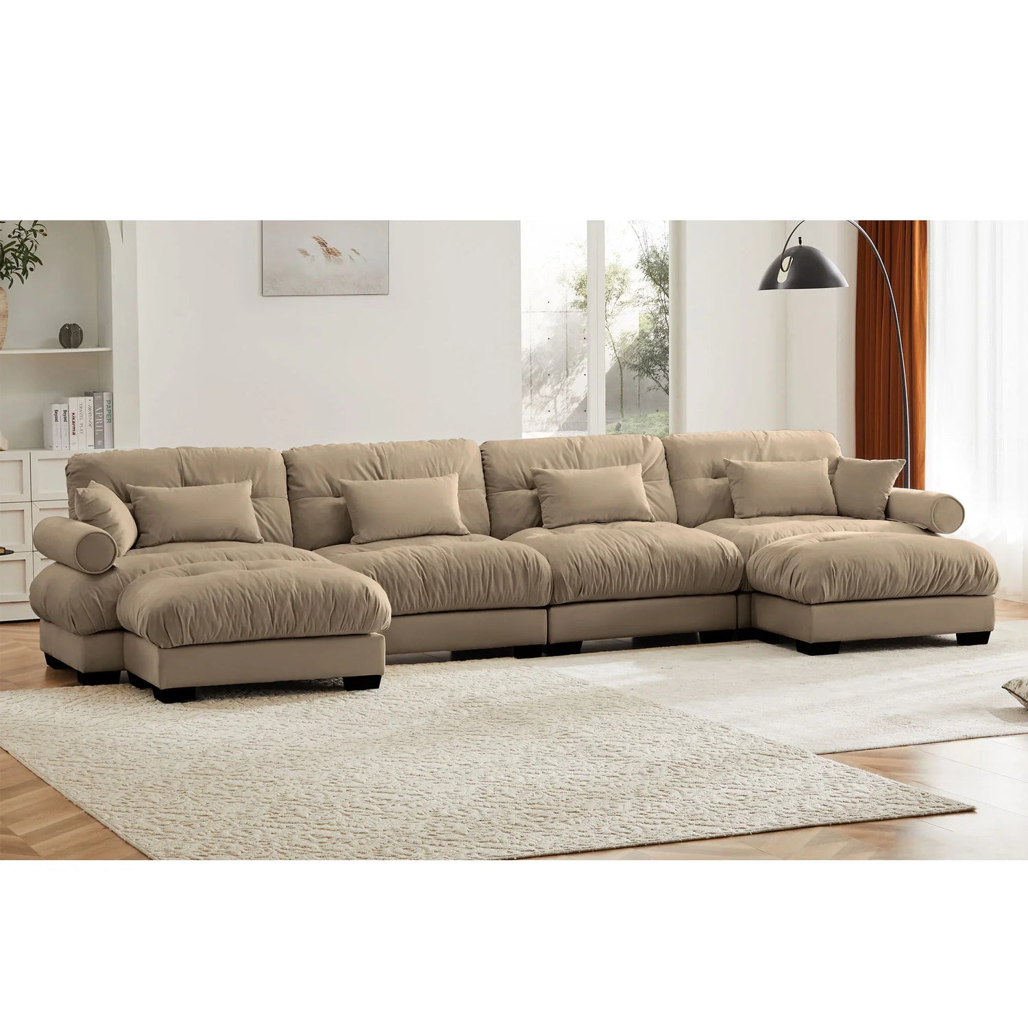 Modern Sectional Sofa With Ottoman, Round Bolster Armrests, Waist And Throw Pillows - Furniture Home Direct