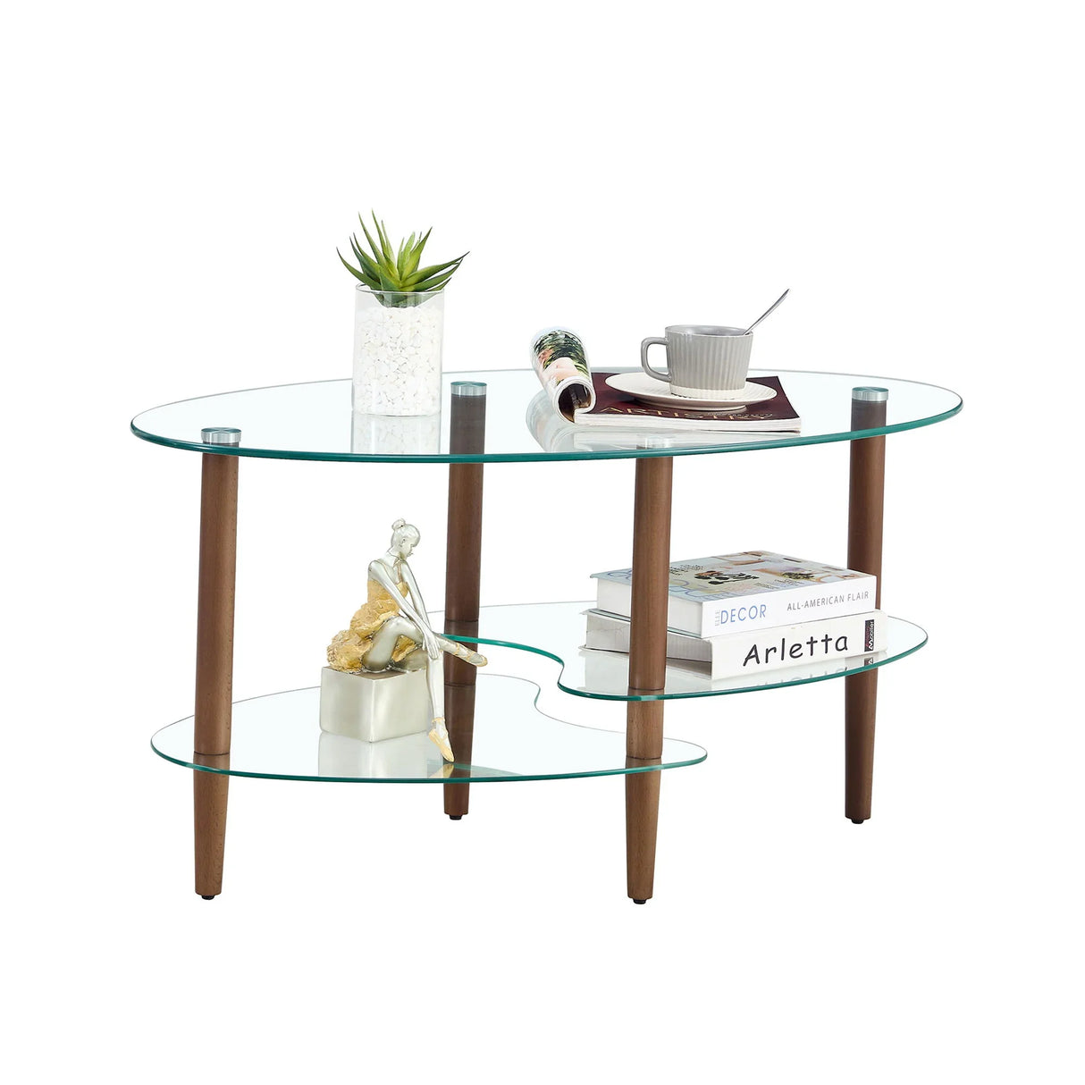 Transparent Oval Glass Coffee Table, Modern Table In Living Room Oak Wood Leg Tea Table 3-Layer Glass Table - Furniture Home Direct