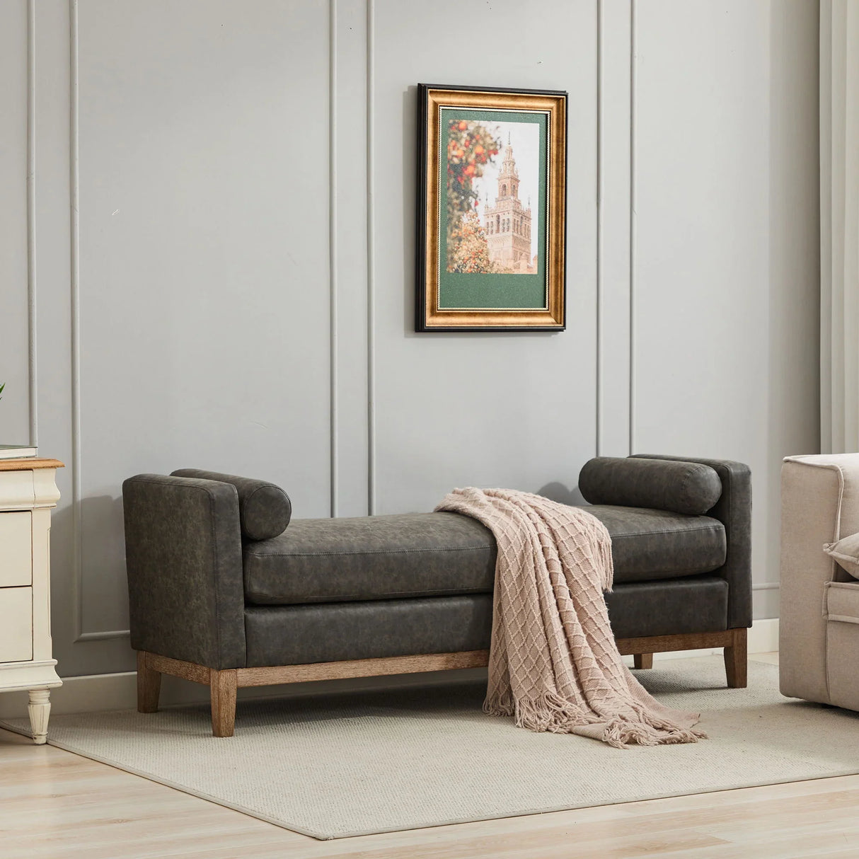 Elegant Upholstered Bench Daybed Ottoman With Bolster Pillows - Furniture Home Direct