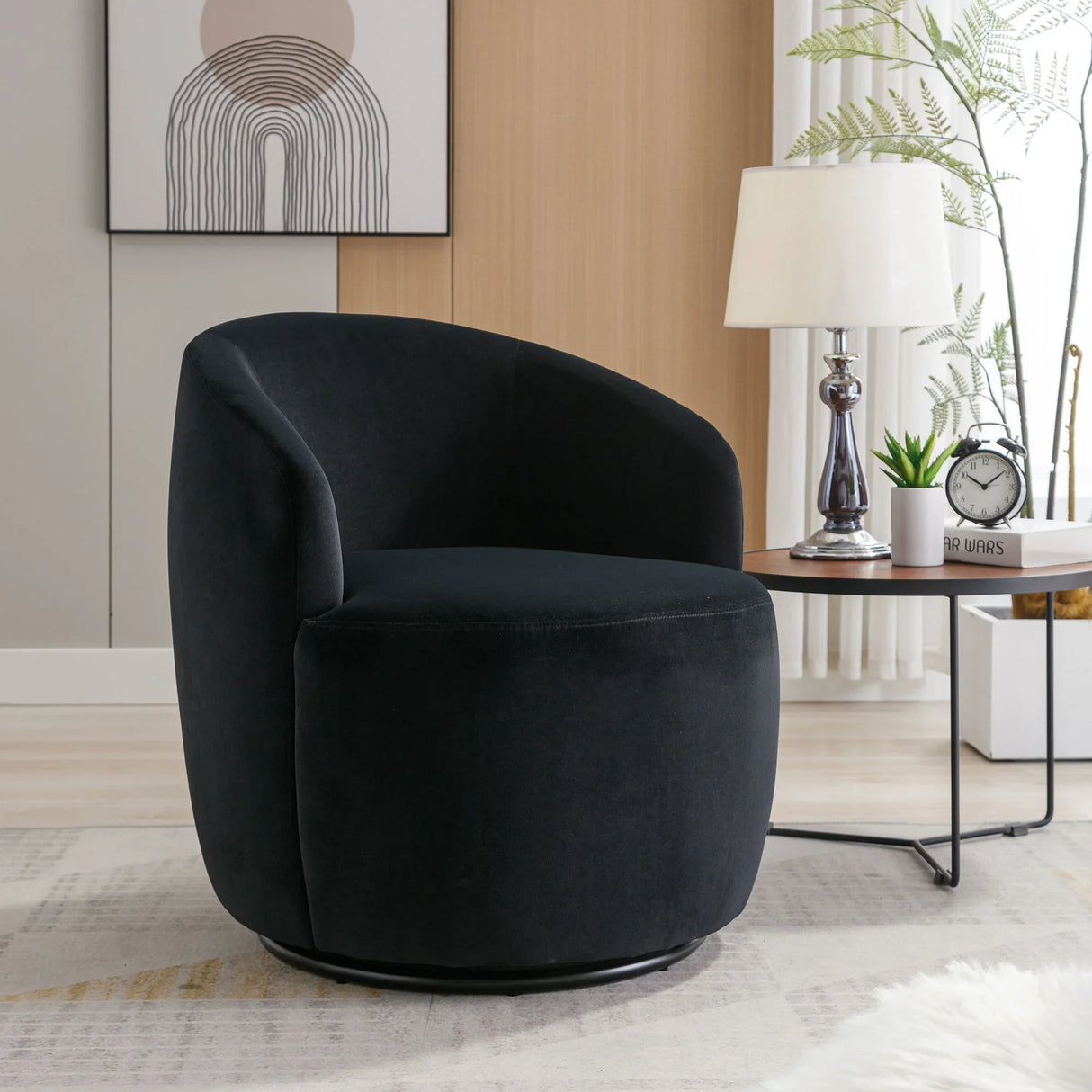 Velvet Fabric Swivel Accent Armchair Barrel Chair With Powder Coating Metal Ring - Furniture Home Direct
