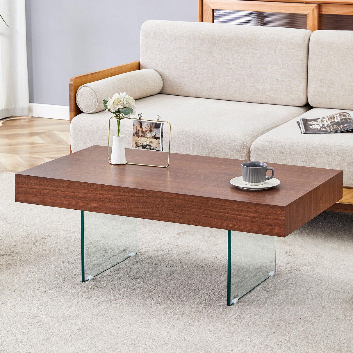 Coffee Table Faux Wood Top Glass Legs Modern Walnut - Furniture Home Direct