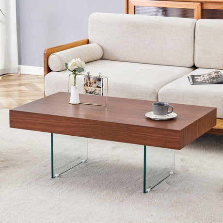 Coffee Table Faux Wood Top Glass Legs Modern Walnut - Furniture Home Direct