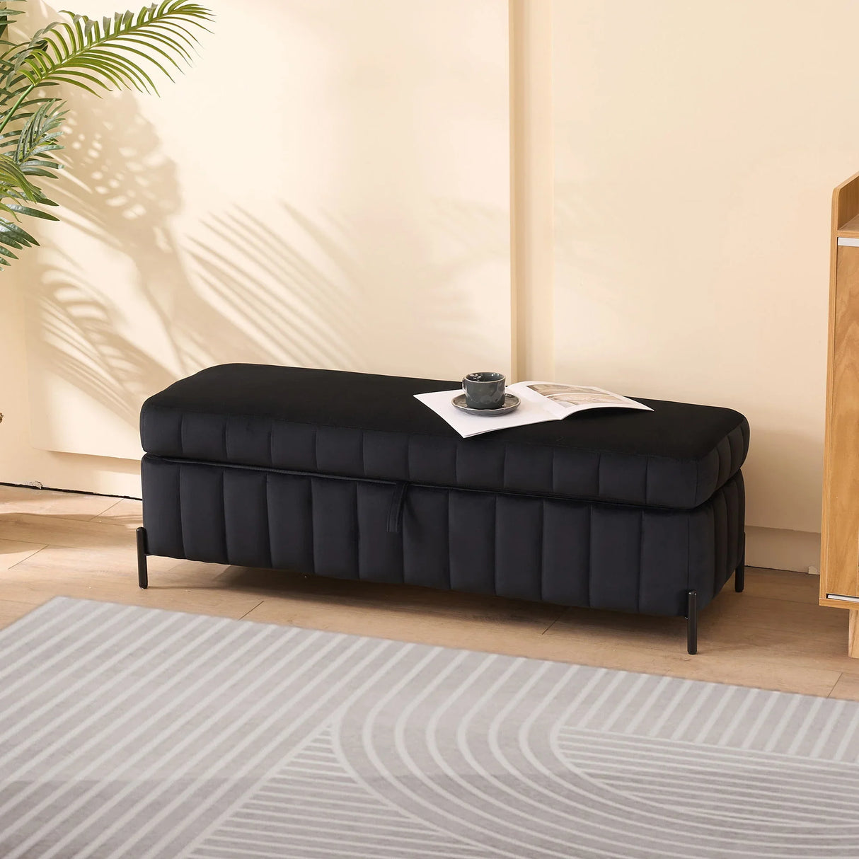 Wide Upholstered Velvet Storage Soft Bench Ottoman With Metal Legs - Furniture Home Direct