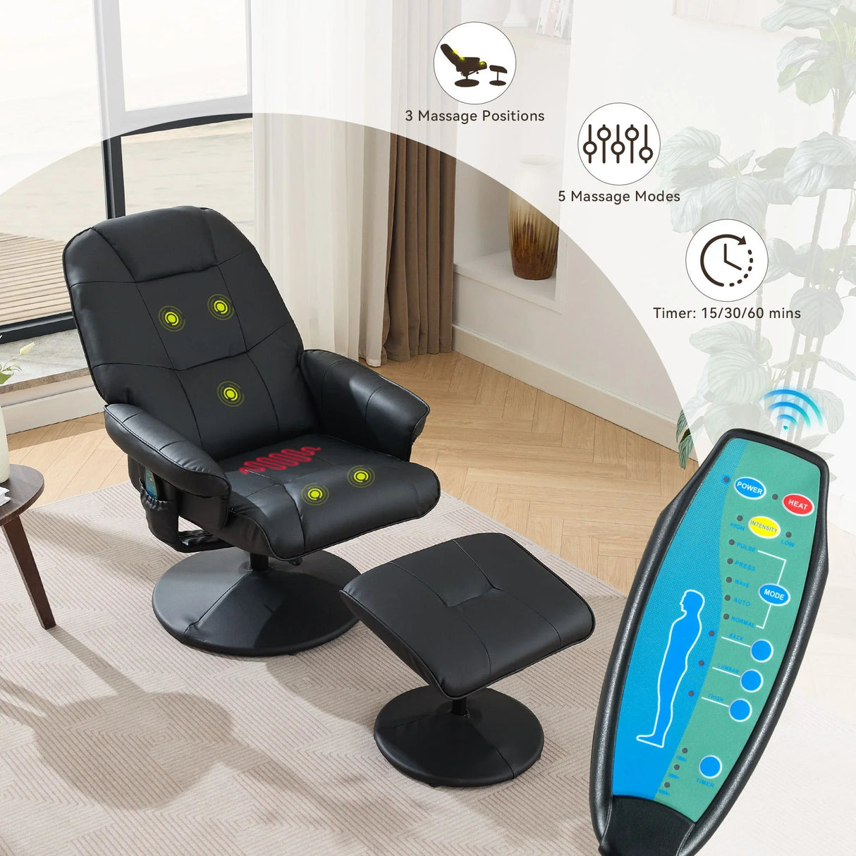 360° Swivel Reclining Chair With Wrapped Base, 5 Point Vibration Massage - Furniture Home Direct