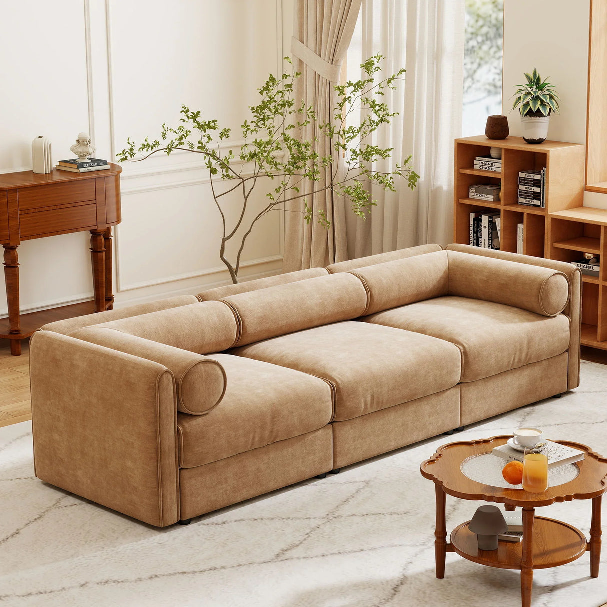 Stylish Chenille Sofa With Storage Seat And Cylindrical Backrest - Furniture Home Direct