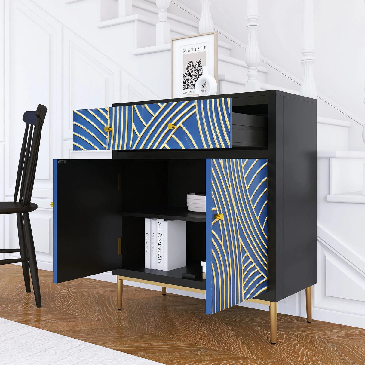 Accent Cabinet With Blue Panels Lacquered Black and Blue - Furniture Home Direct