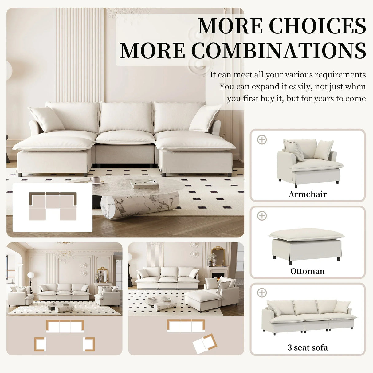 Sectional Sofa With Ottoman Cloud Couch Set With Throw Pillows, Free Combination - Furniture Home Direct