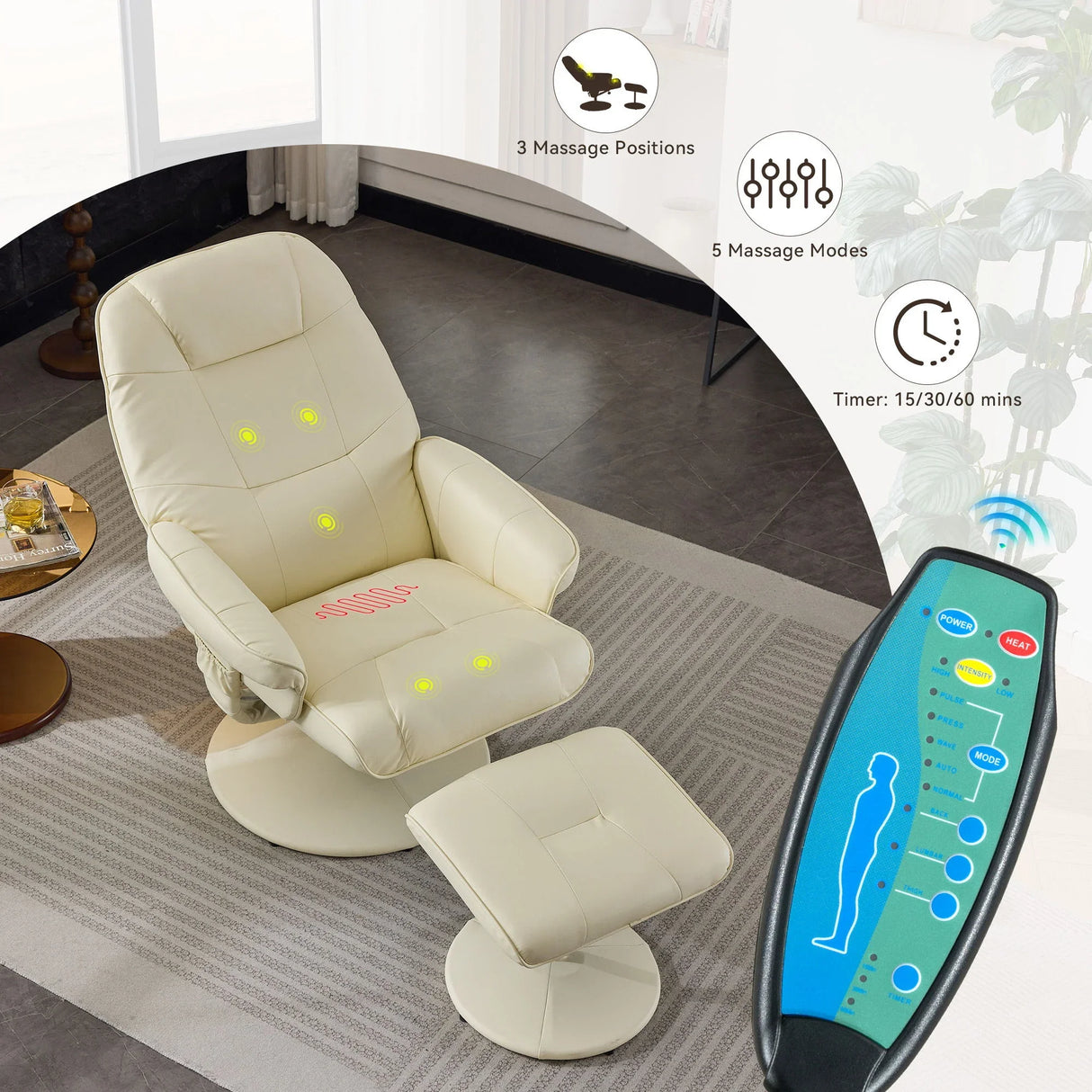 360° Swivel Reclining Chair With Wrapped Base, 5 Point Vibration Massage - Furniture Home Direct