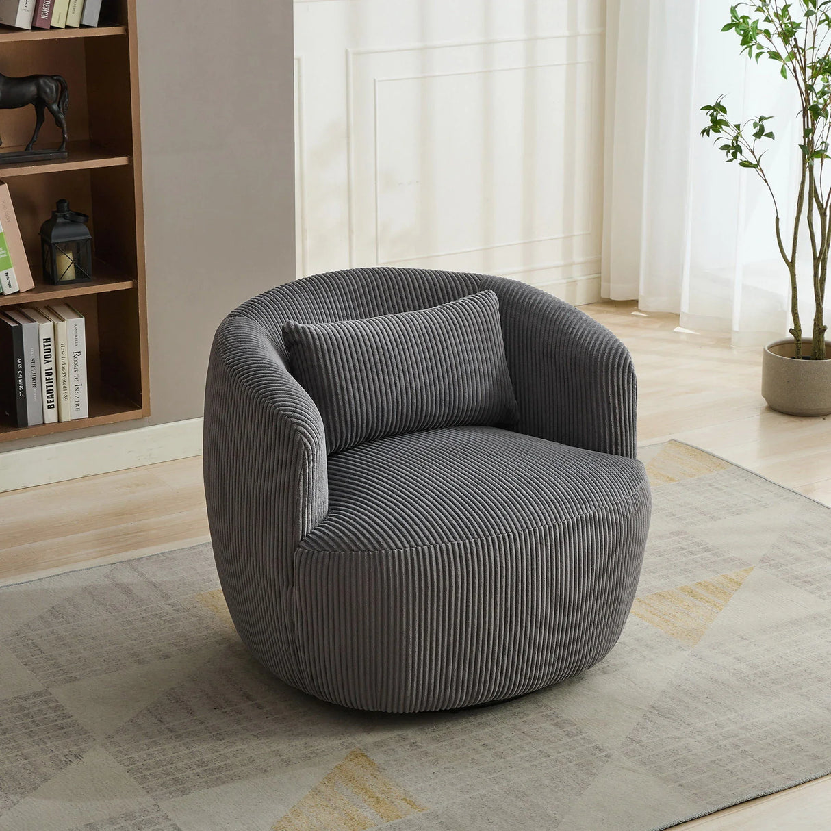 Wide Upholstered Corduroy 360° Swivel Barrel Soft Chair With Pillow - Furniture Home Direct