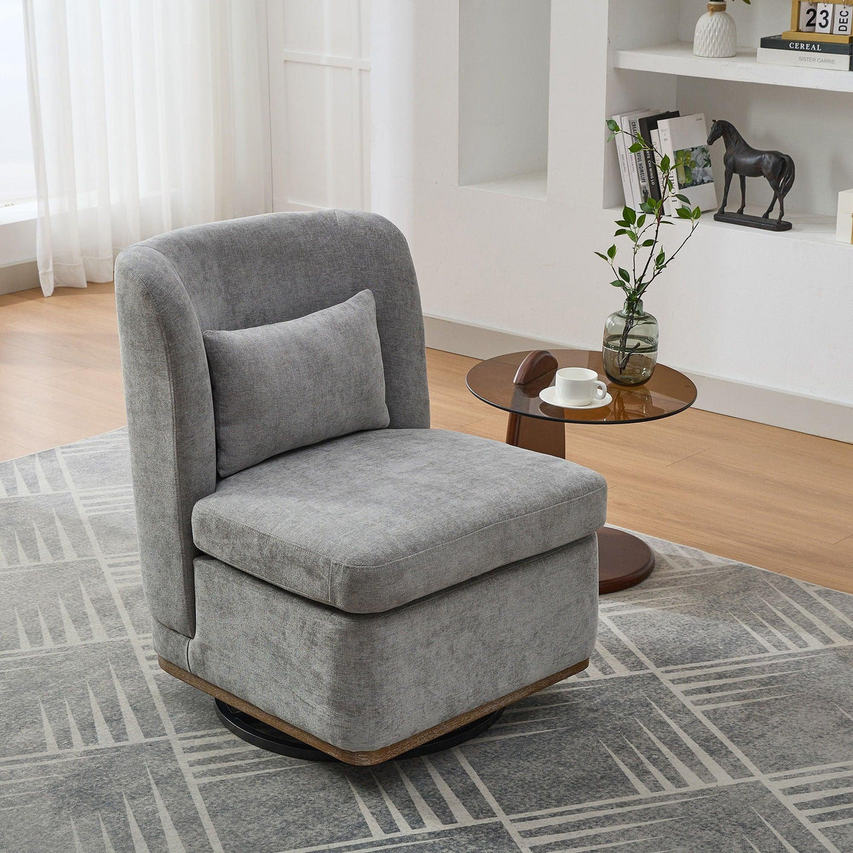 Wide Modern Chenille Cushioned Armless Metal Base 360° Swivel Chair With Pillow - Furniture Home Direct