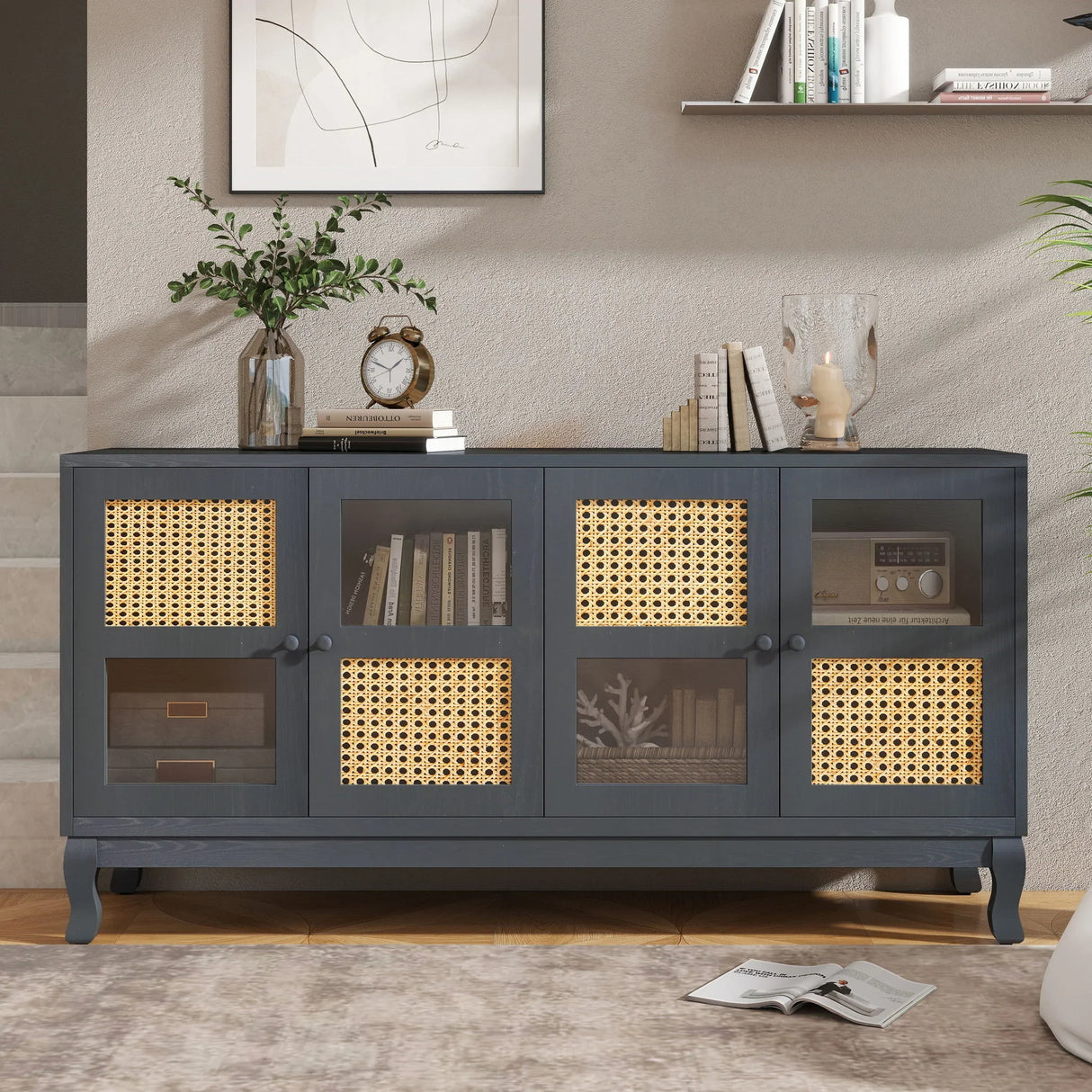 Retro Industrial 4 Door Sideboard With Large Storage, Rattan And Glass Doors - Furniture Home Direct
