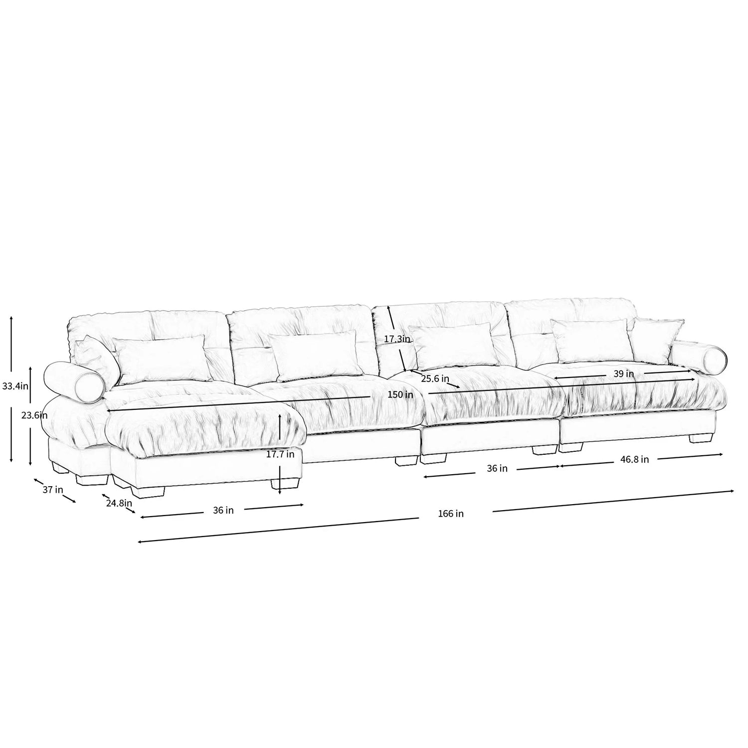 Modern Sectional Sofa With Ottoman, Round Bolster Armrests, Waist And Throw Pillows - Furniture Home Direct