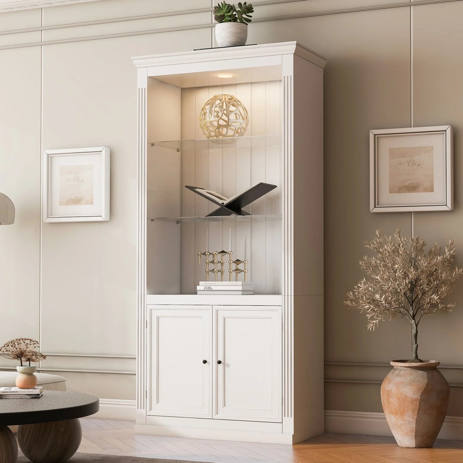 Retro Style Display Bookcase With Adjustable LED Ceiling Light And Tempered Glass Shelves - White - Furniture Home Direct