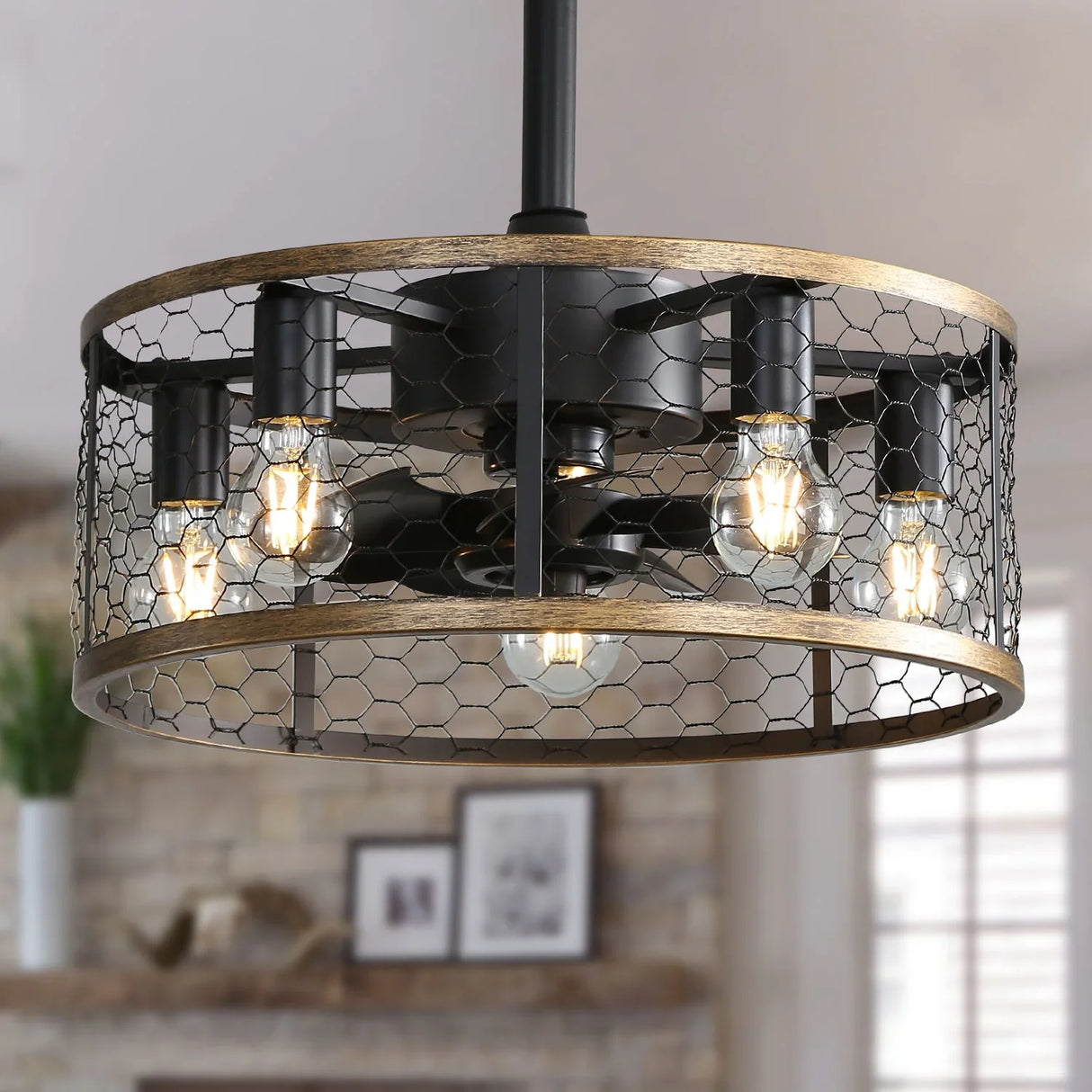 20" Industrial Caged Ceiling Fan With 7 - ABS Blades Remote Control, Small Ceiling Fan Reversible DC Motor - Black - Furniture Home Direct