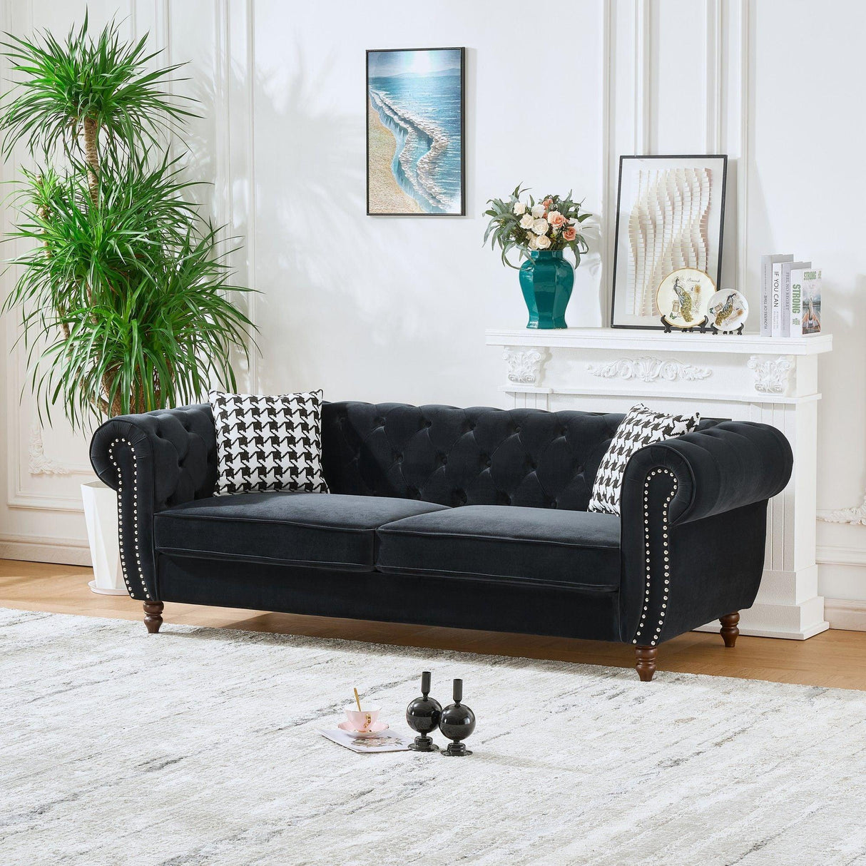 Chesterfield Velvet Upholstery Fabric Sofa With Roll Armrest & Nailhead - Furniture Home Direct