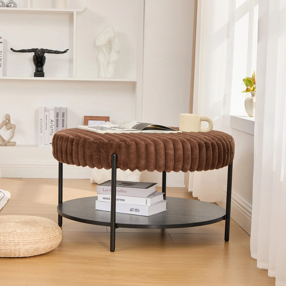 Modern Upholstered Round Ottoman Coffee Table With Storage Shelf - Furniture Home Direct