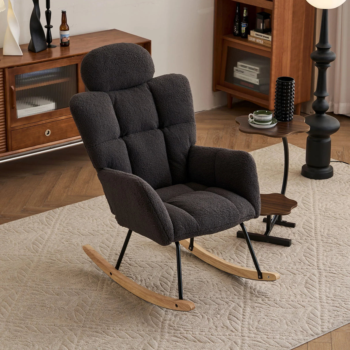 Contemporary Teddy Fabric Upholstered Nursery Rocking Glider Chair With High Backrest And Pillow - Furniture Home Direct