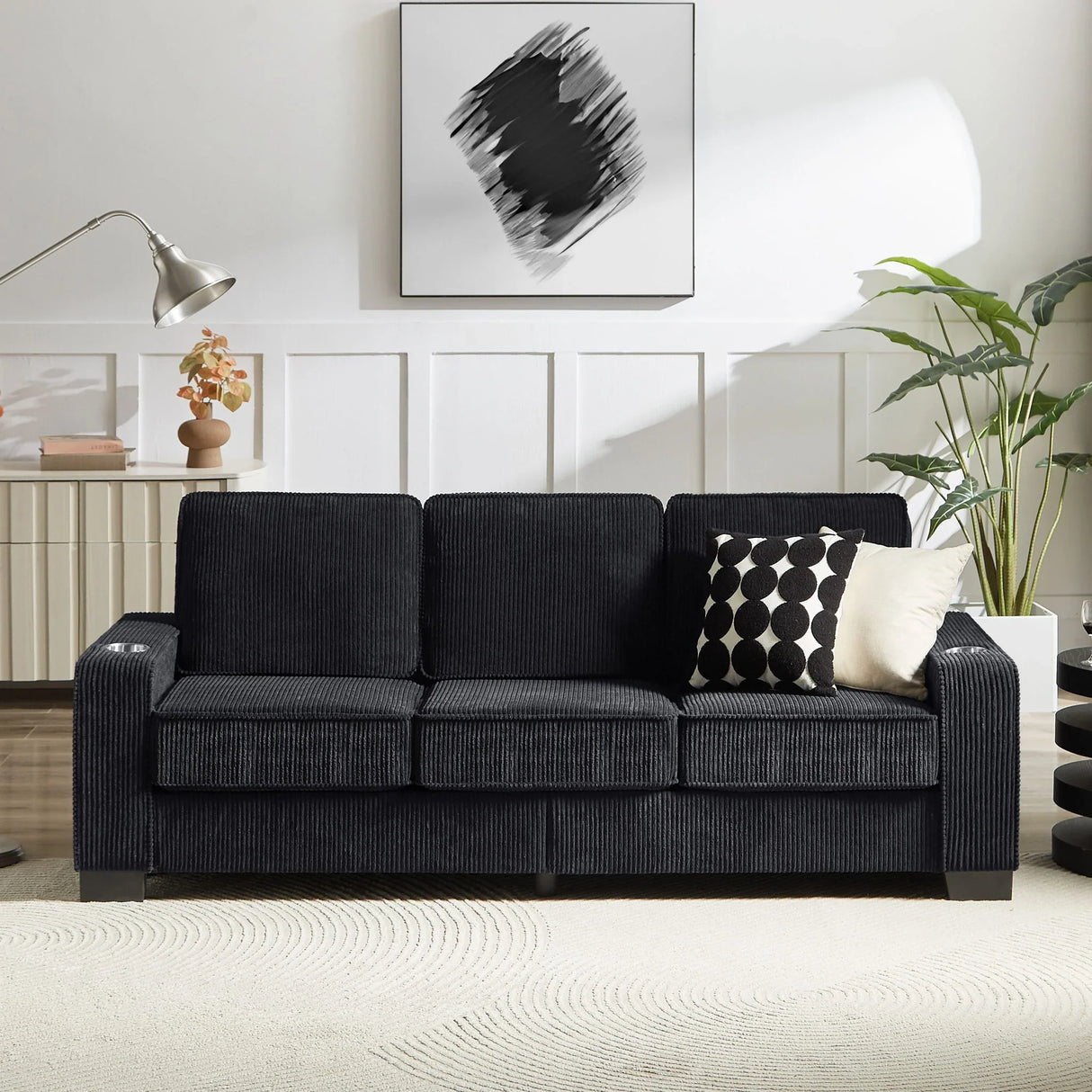 Modern Corduroy Fabric Sofa, 3 Seater Compressed Couch With Cup Holders - Furniture Home Direct