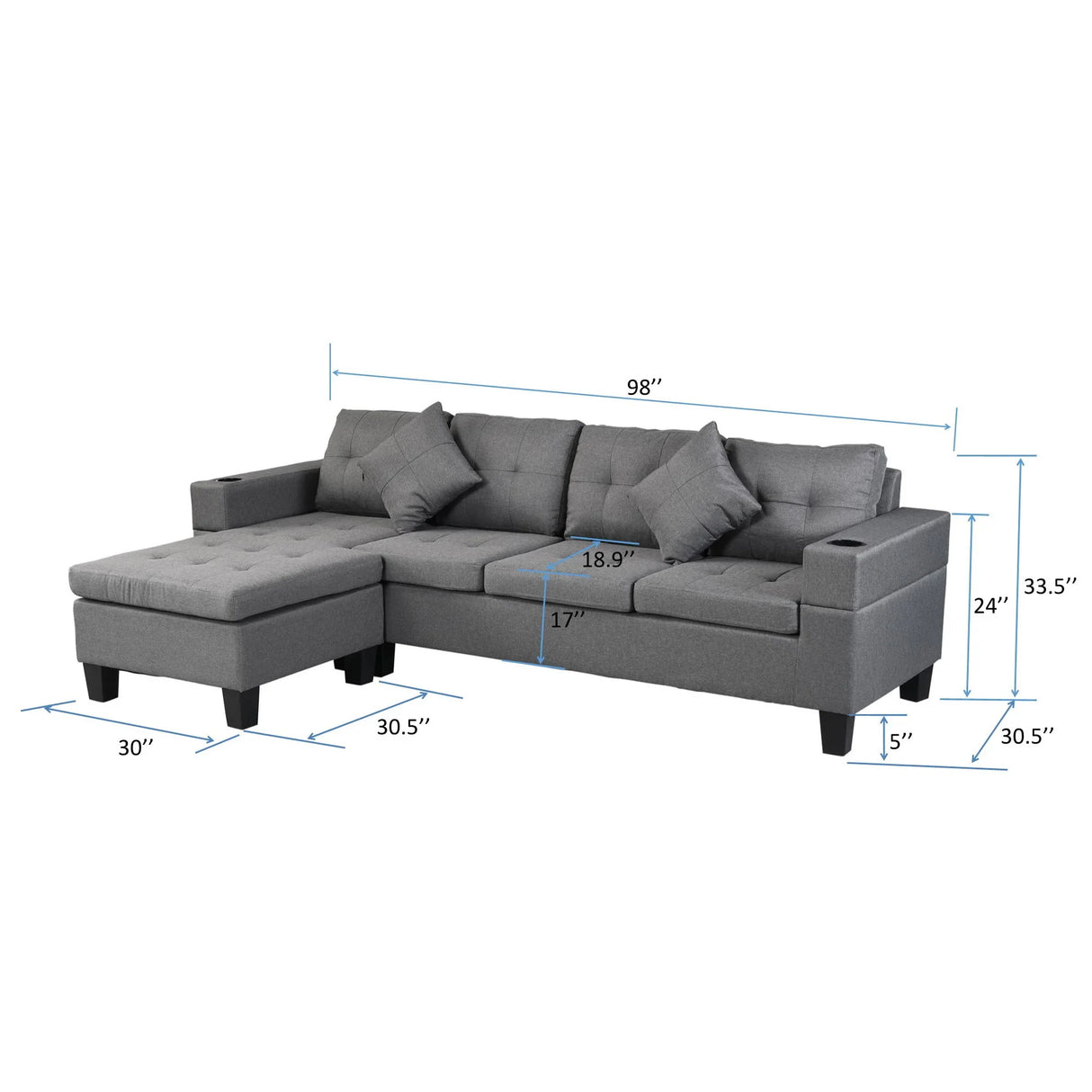 Modern Sectional Sofa Set With L Shape Chaise Lounge, Cup Holder, 4 Seat - Gray - Furniture Home Direct