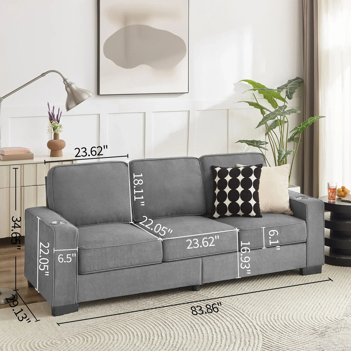 Modern Snowfleece Fabric 3 Seater Sofa With Cup Holder - Furniture Home Direct