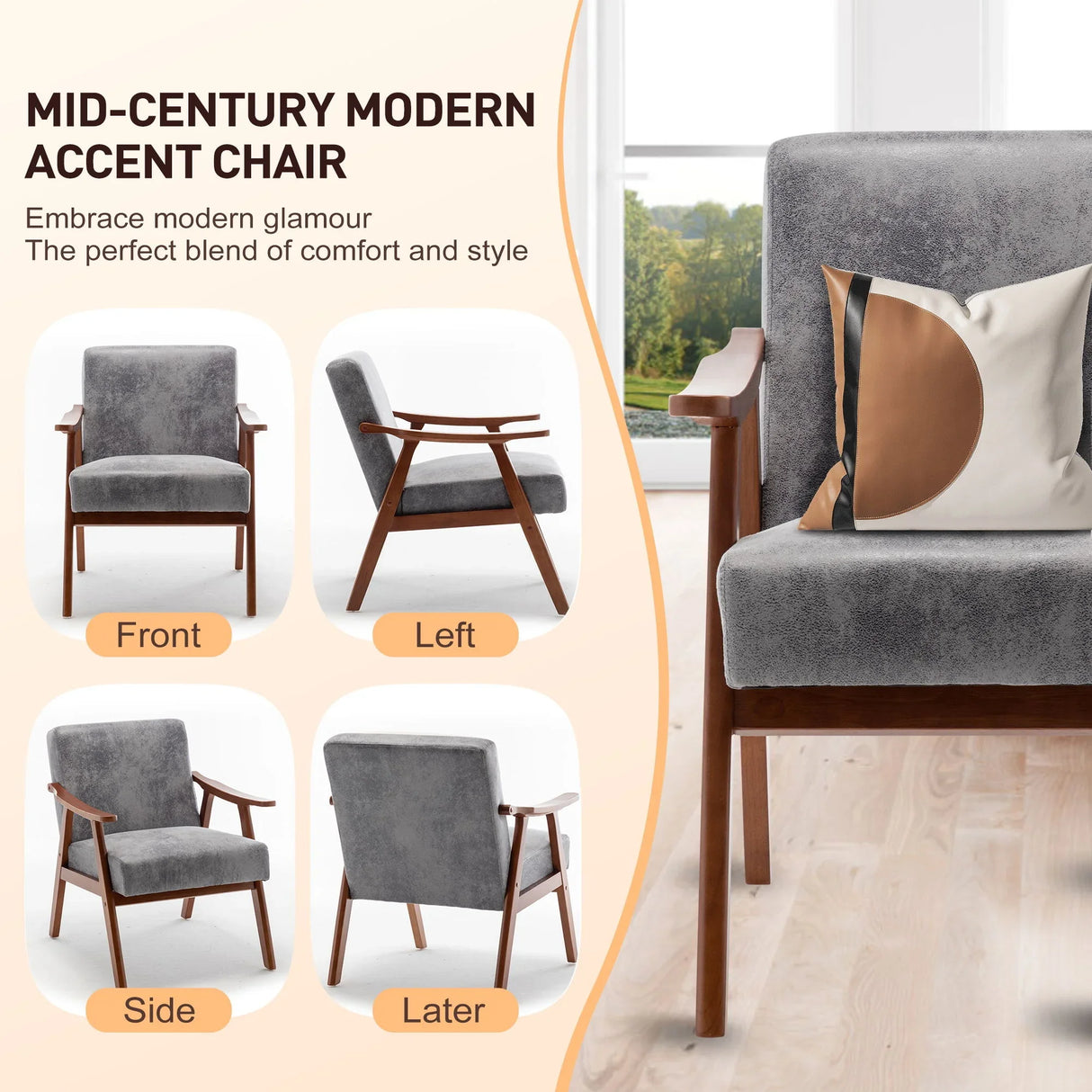 Mid Century Modern Accent Chair With Solid Wood Frame And Extra Thick Backrest - Furniture Home Direct