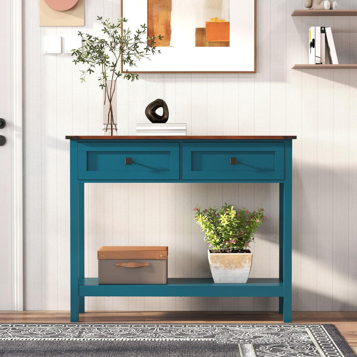Farmhouse Style Console Table With 2 Drawers And Bottom Storage Shelf - Furniture Home Direct