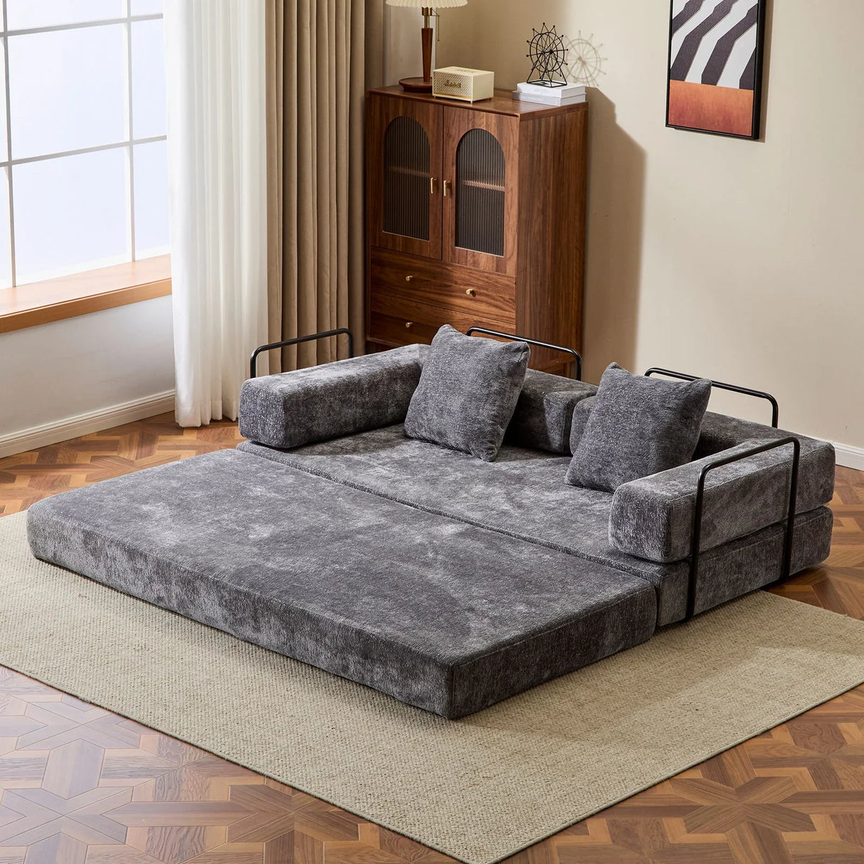 Convertible Floor Sofa Bed With Pillow Back Support Armrest - Furniture Home Direct