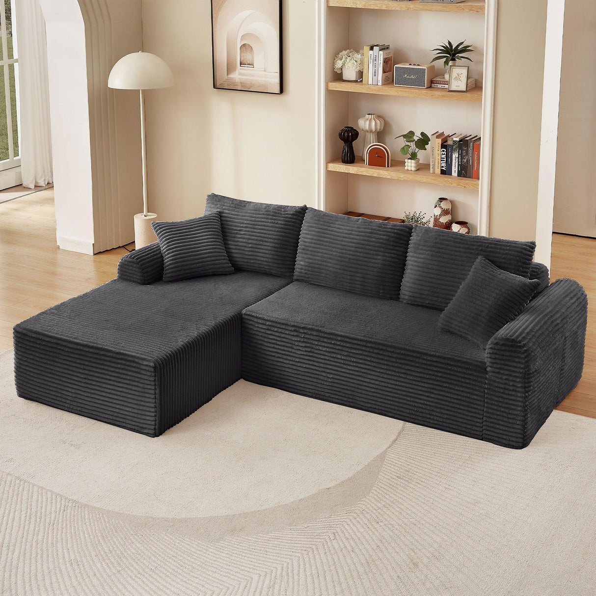 Modular Corduroy Sectional With Arched Armrests, Includes 3 Back Cushions & 2 Throw Pillows - Furniture Home Direct