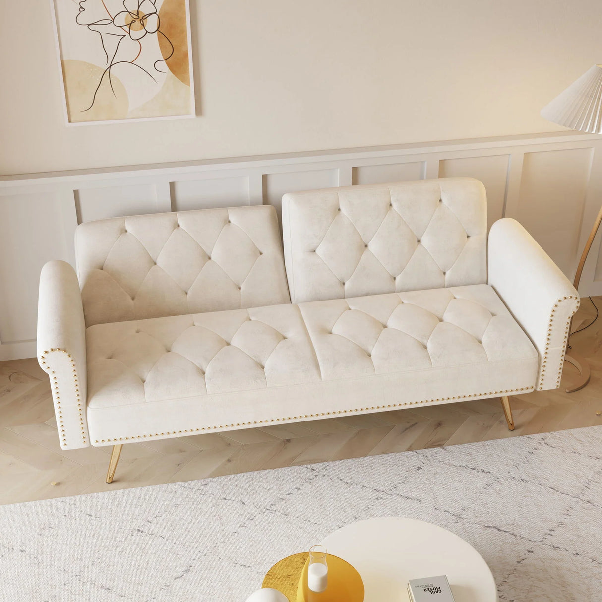 Luxurious Velvet Sofa Bed With Nail Head Trim And Matching Pillow - Furniture Home Direct