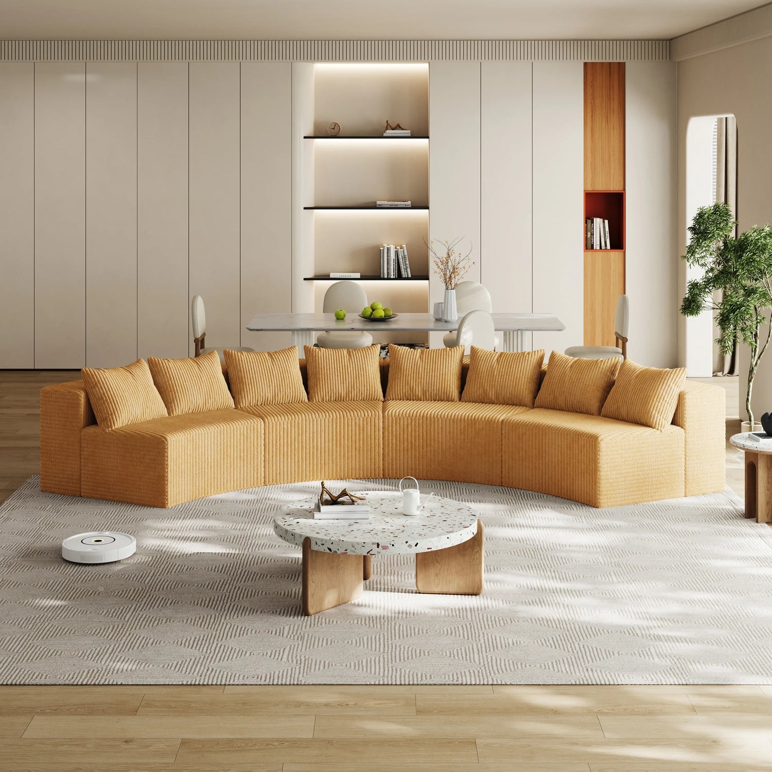 Corduroy curved Modular sectional with 8 pillows - Yellow - Furniture Home Direct
