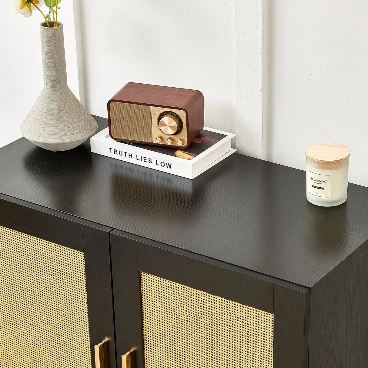 Side Panel Buffet Cabinet With Natural Rattan Door, Rattan Storage Cabinet With Adjustable Shelves, Side Panel And Buffet With Storage Space, Modern Console Cabinet In Bedroom And Living Room - Black / Beige - Furniture Home Direct