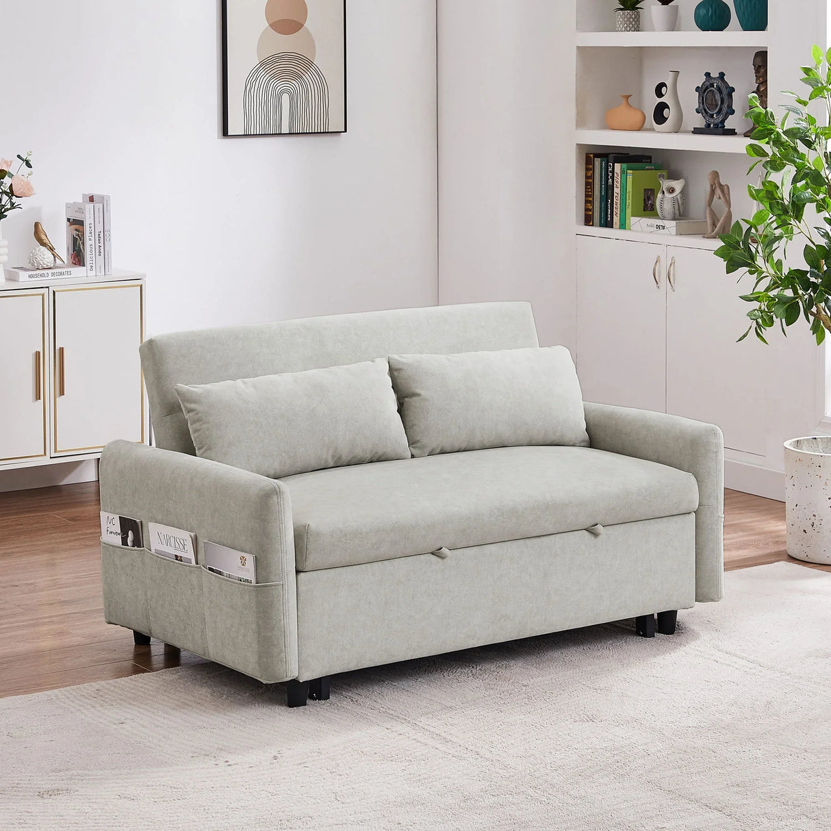 Pull Out Sleep Sofa Bed Loveseats Sofa Couch With Adjsutable Backrest, Storage Pockets, 2 Soft Pillows, USB Ports For Living Room, Bedroom, Apartment, Office - Furniture Home Direct