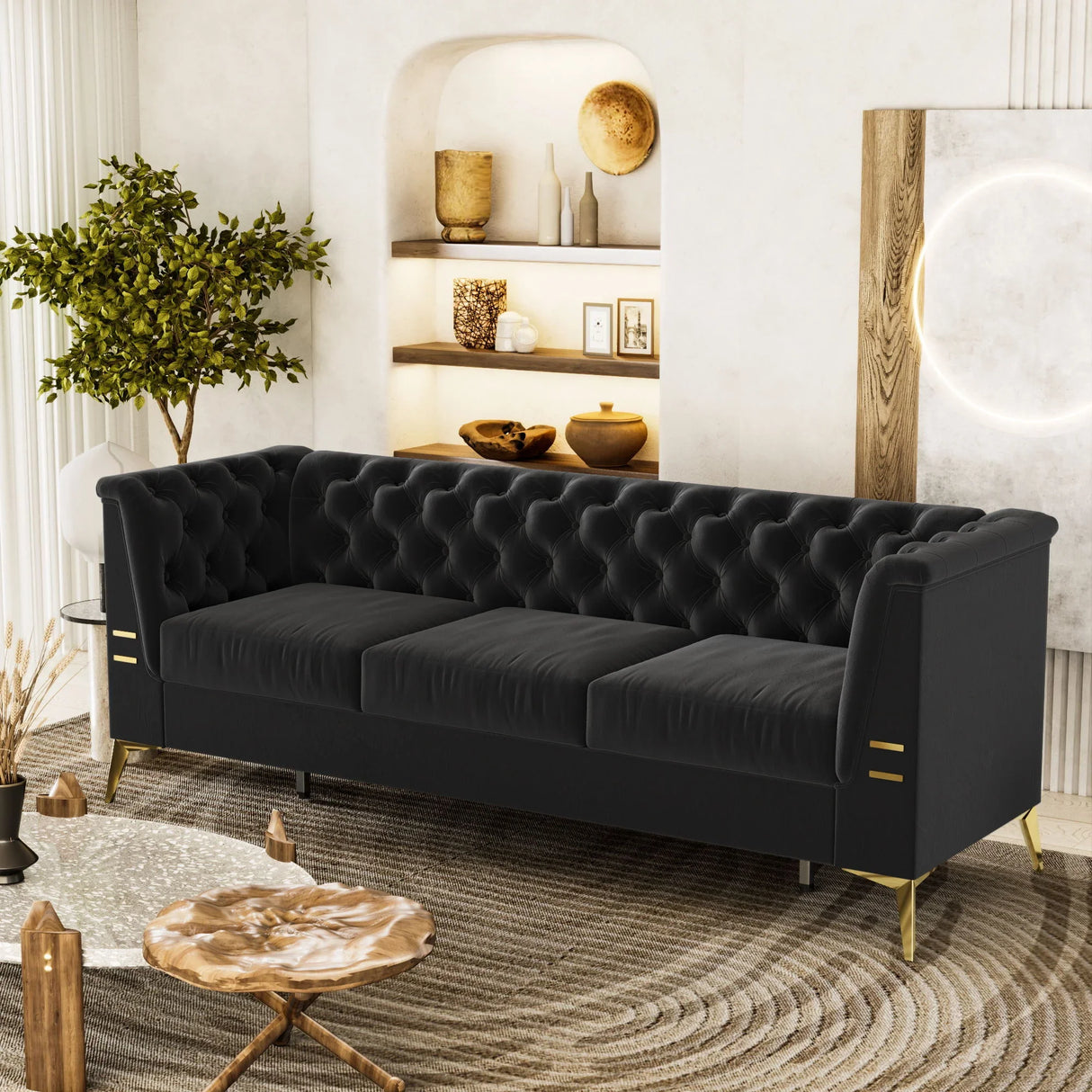 Luxurious Velvet Sofa With Gold Legs, Modern Chesterfield Design, Tufted Upholstery, 3 Seat Couch For Living Room And Office - Furniture Home Direct