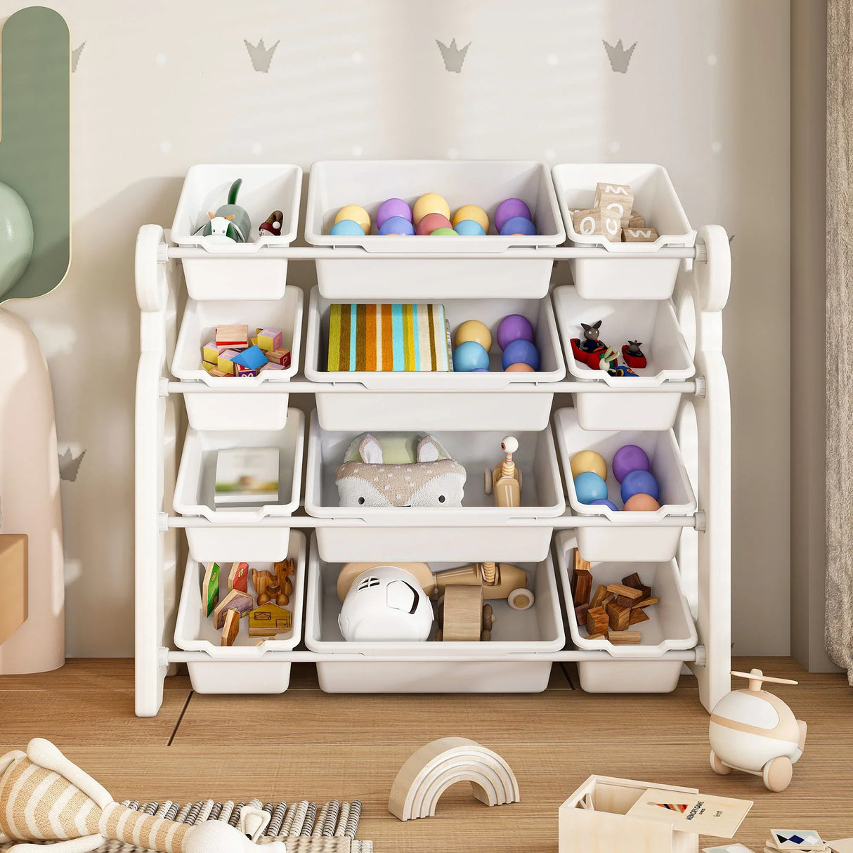 Multi Functional Kids Toy Storage Organizer Cabinet With Hdpe Shelf And 12 Bins - Gray White - Furniture Home Direct