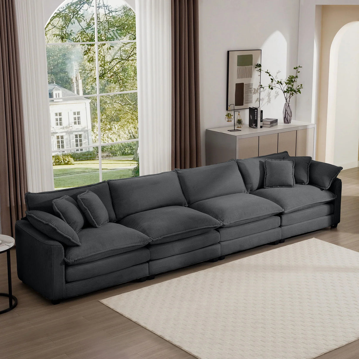Modern Upholstered 4 Seater Corduroy Fabric Sofa With Arm And Throw Pillows - Furniture Home Direct