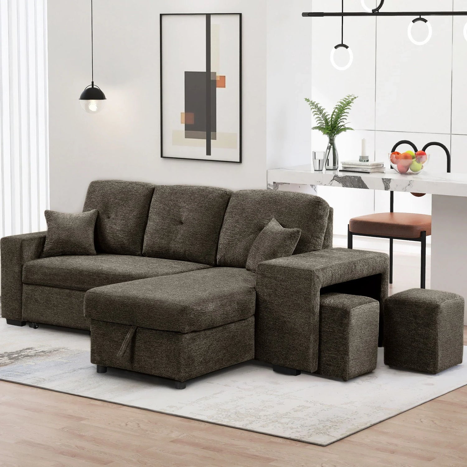 Reversible Sleeper Sectional Sofa Bed With Side Shelf And 2 Stools, Pull-Out L-Shaped Sofa Bed, Corner Sofa-Bed With Storage Chaise Left / Right Hande For Living Room - Furniture Home Direct