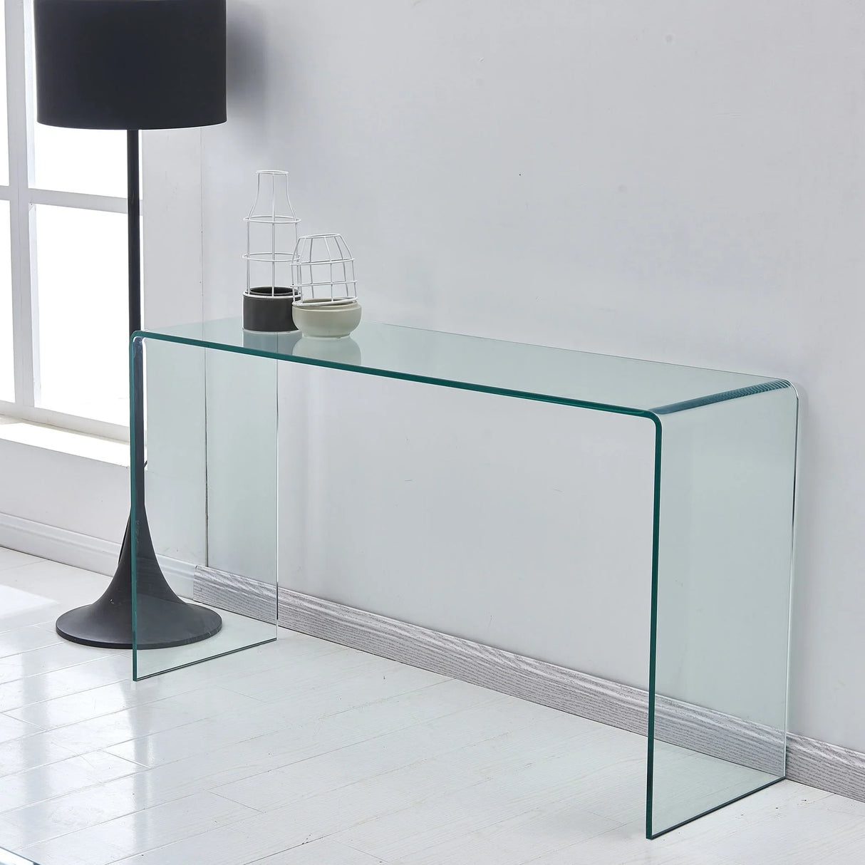 Elegant Transparent Tempered Glass Console Table With Rounded Edges, Modern Sofa Table - Clear - Furniture Home Direct
